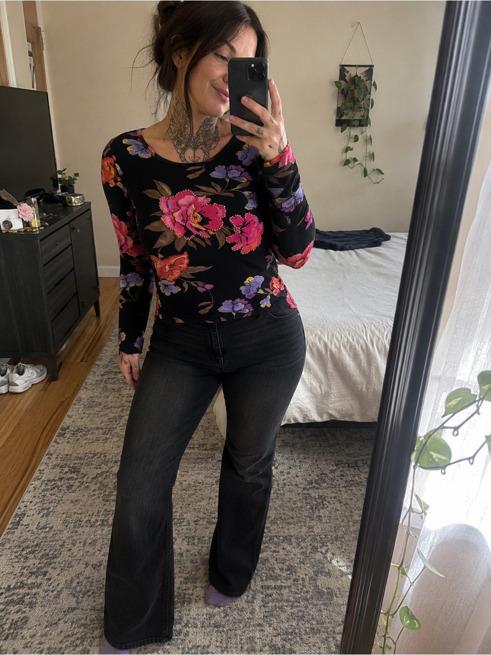 White Stag Black Floral Long-Sleeve Tee with Pink, Purple & Orange Blooms